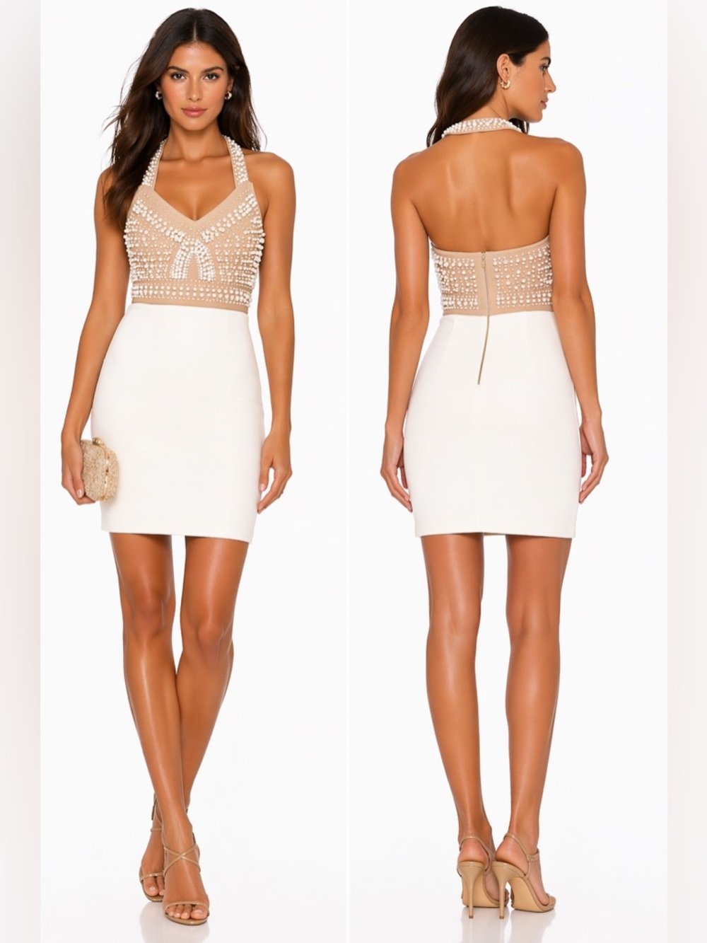 Bella Barnett Pearl Embellished Halter Mini Dress Nude Beige Party Cocktail